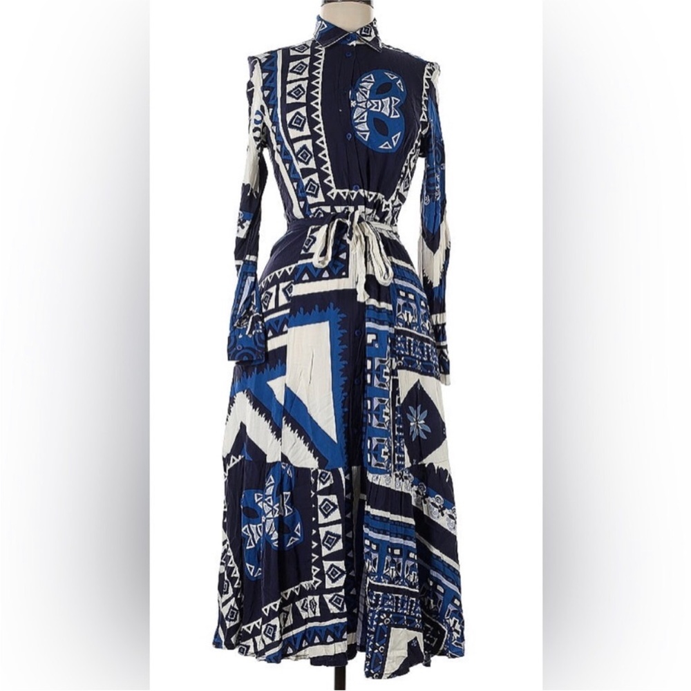 biancoghiaccio Italian Navy Blue Patterned Midi Dress Versace Baroque sz 10 EU40